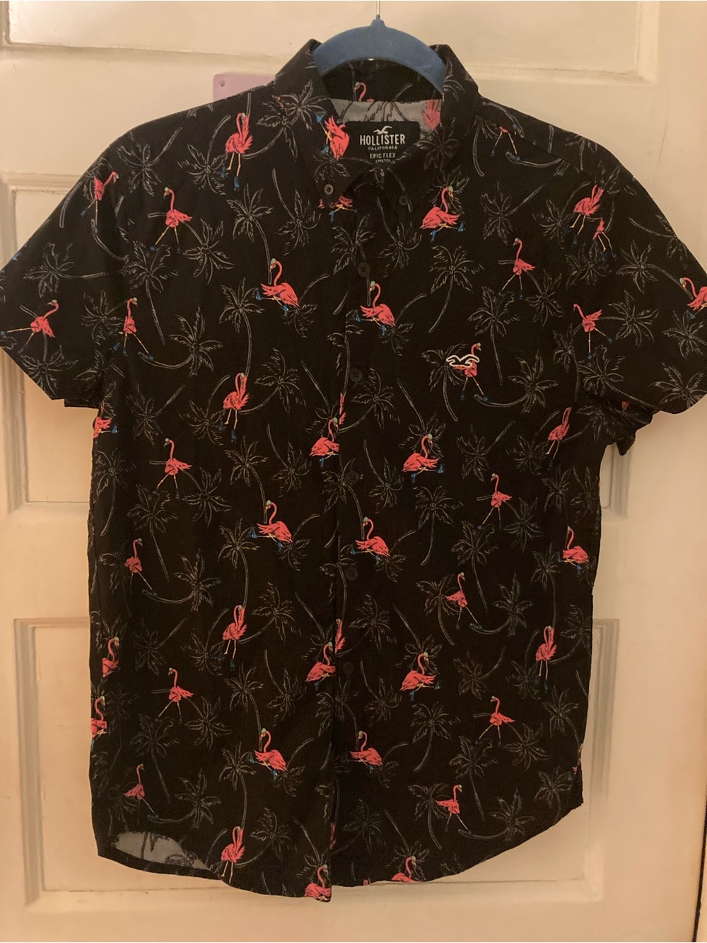 Hollister Black Short-Sleeve Button-Down with Pink Flamingo Print